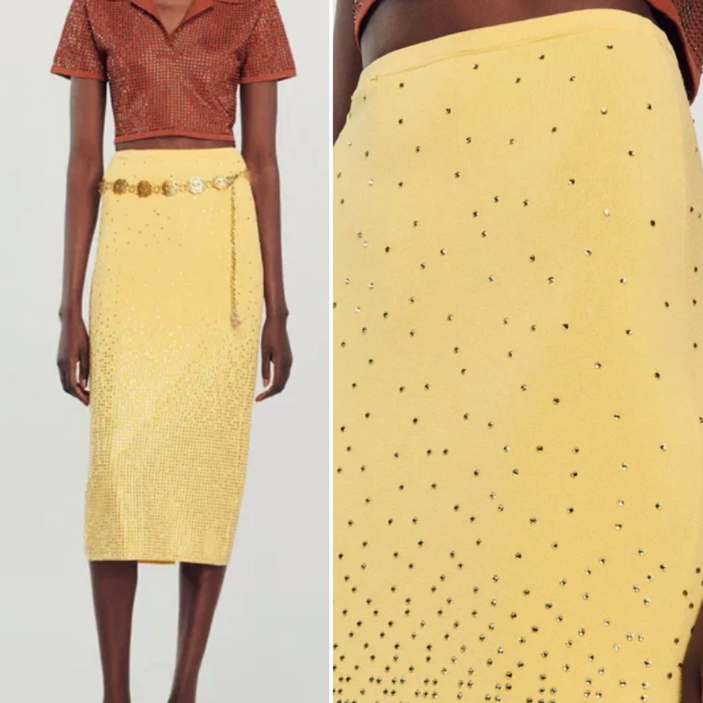 NWT Sandro Rhinestone Embellished Midi Knit Stretchy Back Slit Skirt in Yellow